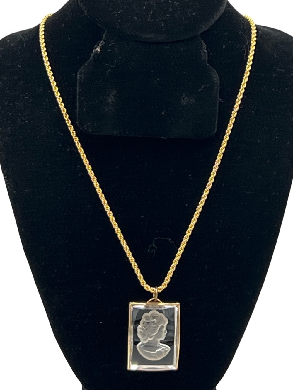 Vintage Rock Crystal Intaglio Gold Plate Pendant Rope Chain